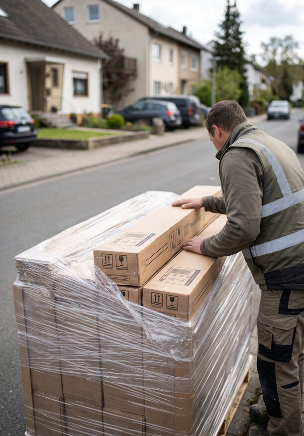 Mann der die Parkettlieferung von Parkettrabatte prüft