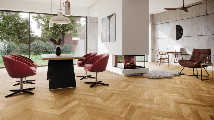  Barlinek Realwood Parkett Eiche Family naturgeölt Family gebürstet naturgeölt Fischgrät 725x130x14 mm BVU-DBE1-OX4-XXR-A14130-F | 56468
