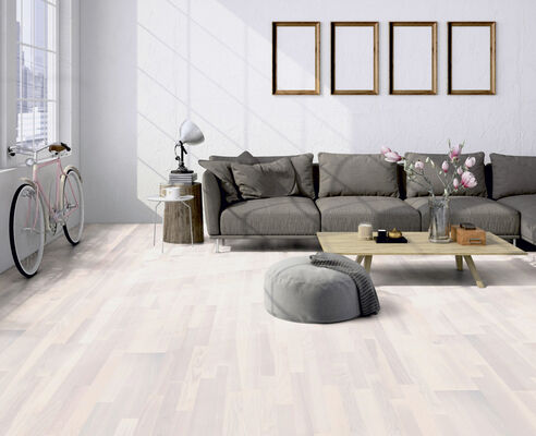  ter Hürne Satin Elements Collection Parkett ausdrucksstark weiß mattlackiert Schiffsboden 3-Stab Naturholz Parkett Esche azurweiß 2390x200x13 mm 1101010616 | 73192