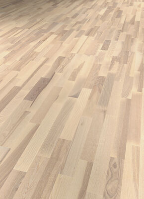  ter Hürne Satin Elements Collection Parkett ausdrucksstark gebürstet, gekälkt, mattlackiert Schiffsboden 3-Stab Naturholz Parkett Esche grauweiß 2390x200x13 mm 1101010676 | 73240