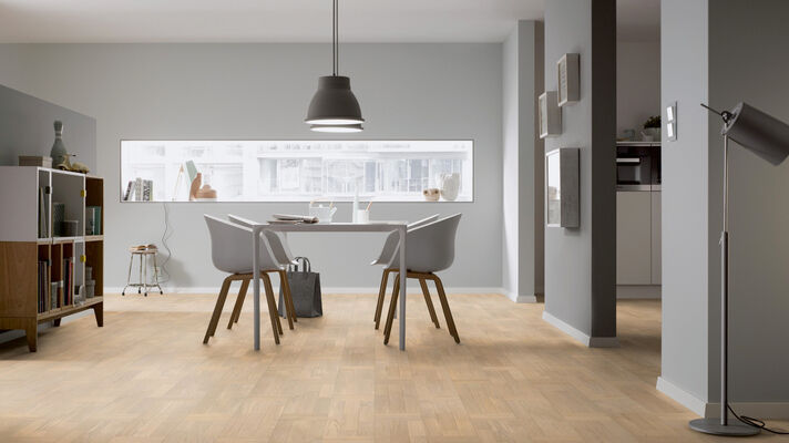 ter Hürne Contours Collection Parkett ausgeglichen gebürstet, farbig naturgeölt Flechtmuster Naturholz Parkett Eiche sandgrau 2390x200x13 mm 1101012284 | 73660