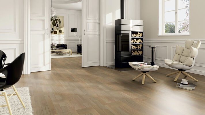  ter Hürne Contours Collection Parkett ausgeglichen gebürstet, farbig naturgeölt Flechtmuster Naturholz Parkett Eiche sandbraun 2390x200x13 mm 1101012285 | 73669