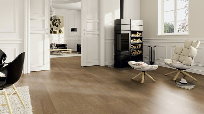  ter Hürne Contours Collection Parkett ausgeglichen gebürstet, farbig naturgeölt Flechtmuster Naturholz Parkett Eiche terrabraun 2390x200x13 mm 1101012287 | 73681