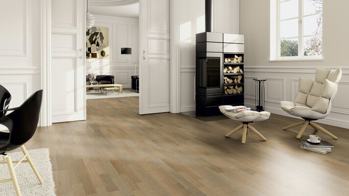  ter Hürne Contours Collection Parkett ausgeglichen gebürstet, farbig naturgeölt Schiffsboden 3-Stab Naturholz Parkett Eiche design sandbraun 2390x200x13 mm 1101012303 | 73747