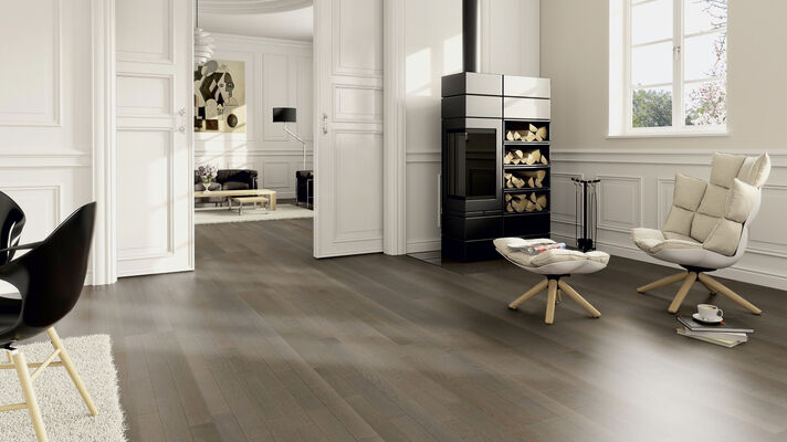  ter Hürne Contours Collection Parkett ausgeglichen gebürstet, farbig naturgeölt Schiffsboden 3-Stab Naturholz Parkett Eiche design azurbraun 2390x200x13 mm 1101012305 | 73771